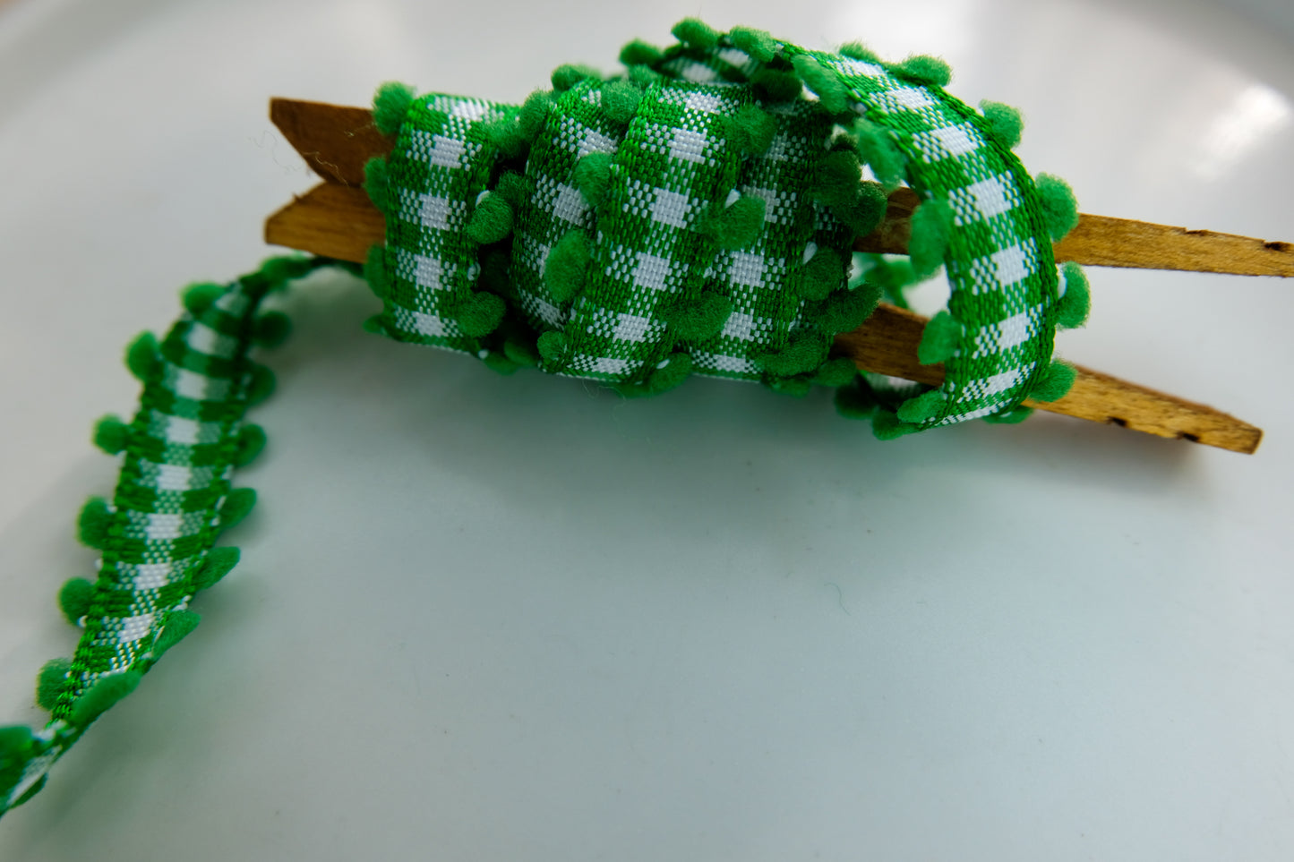 Green Gingham Ribbon with Ball Trim