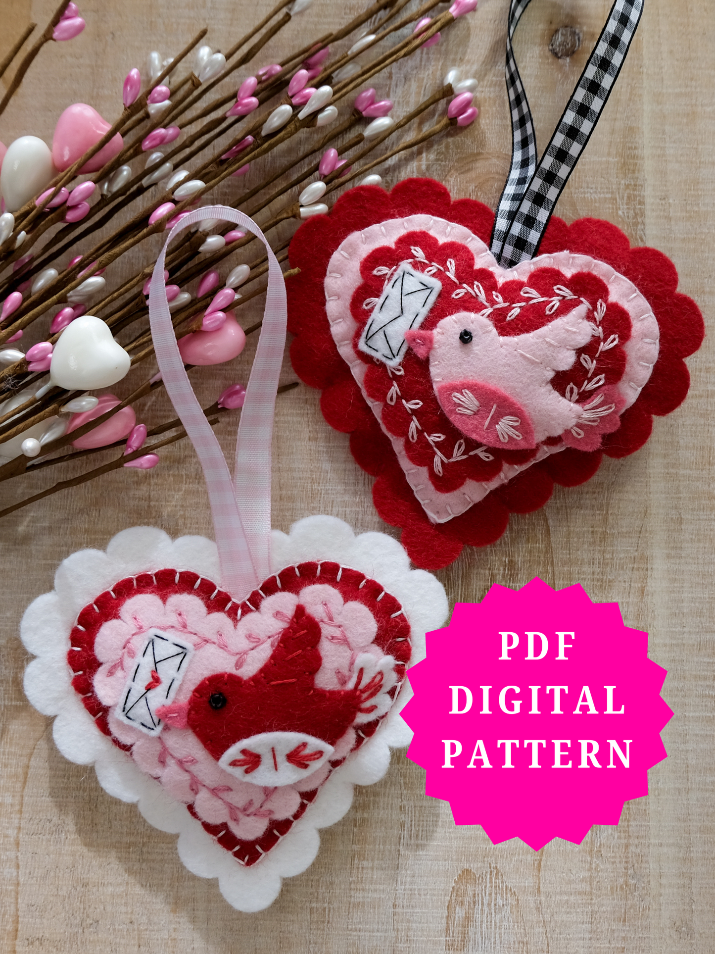 PDF Felt Pattern Valentine Bird Ornament