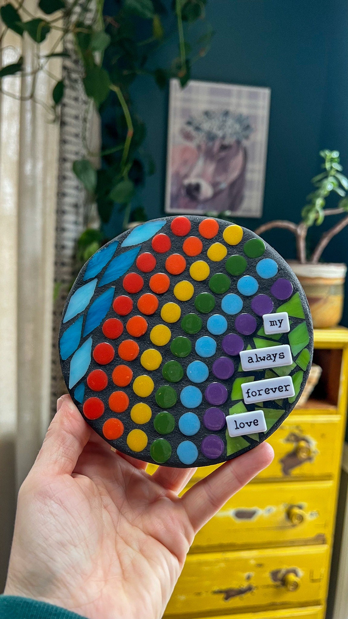 Round rainbow mosaic with sky and grass that reads my always forever love in 3d tiles