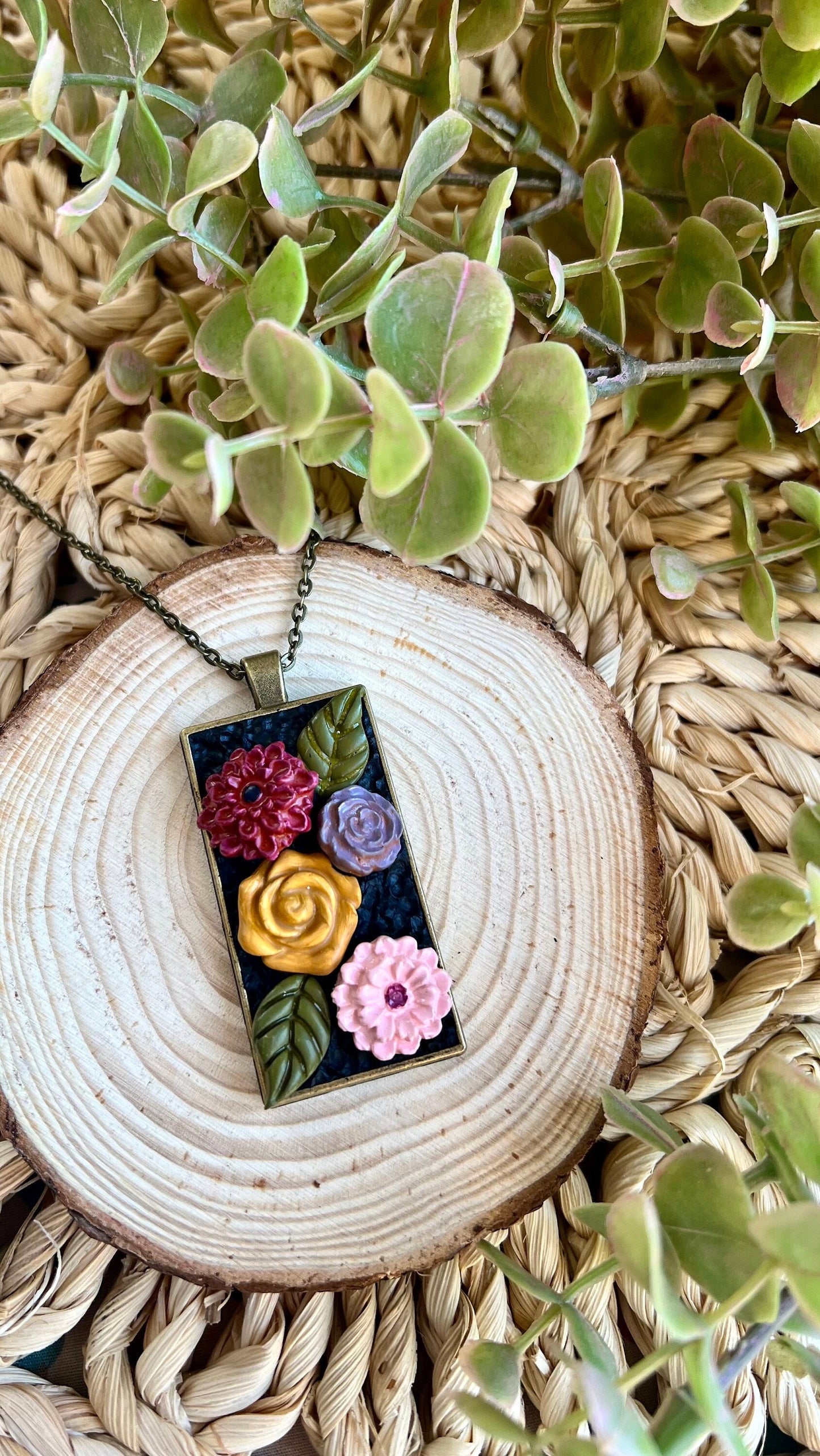 Handmade Polymer Clay Floral Pendant Necklace Rectangular in Bronze