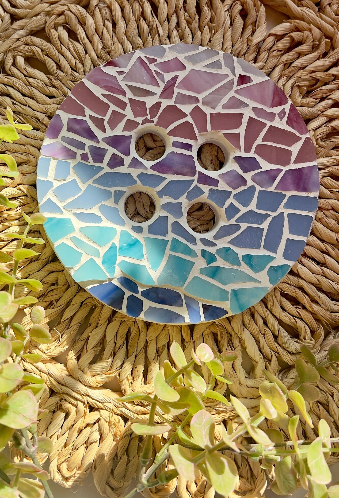 Stained glass mosaic button wall hanging in ombre pastel colors and white grout