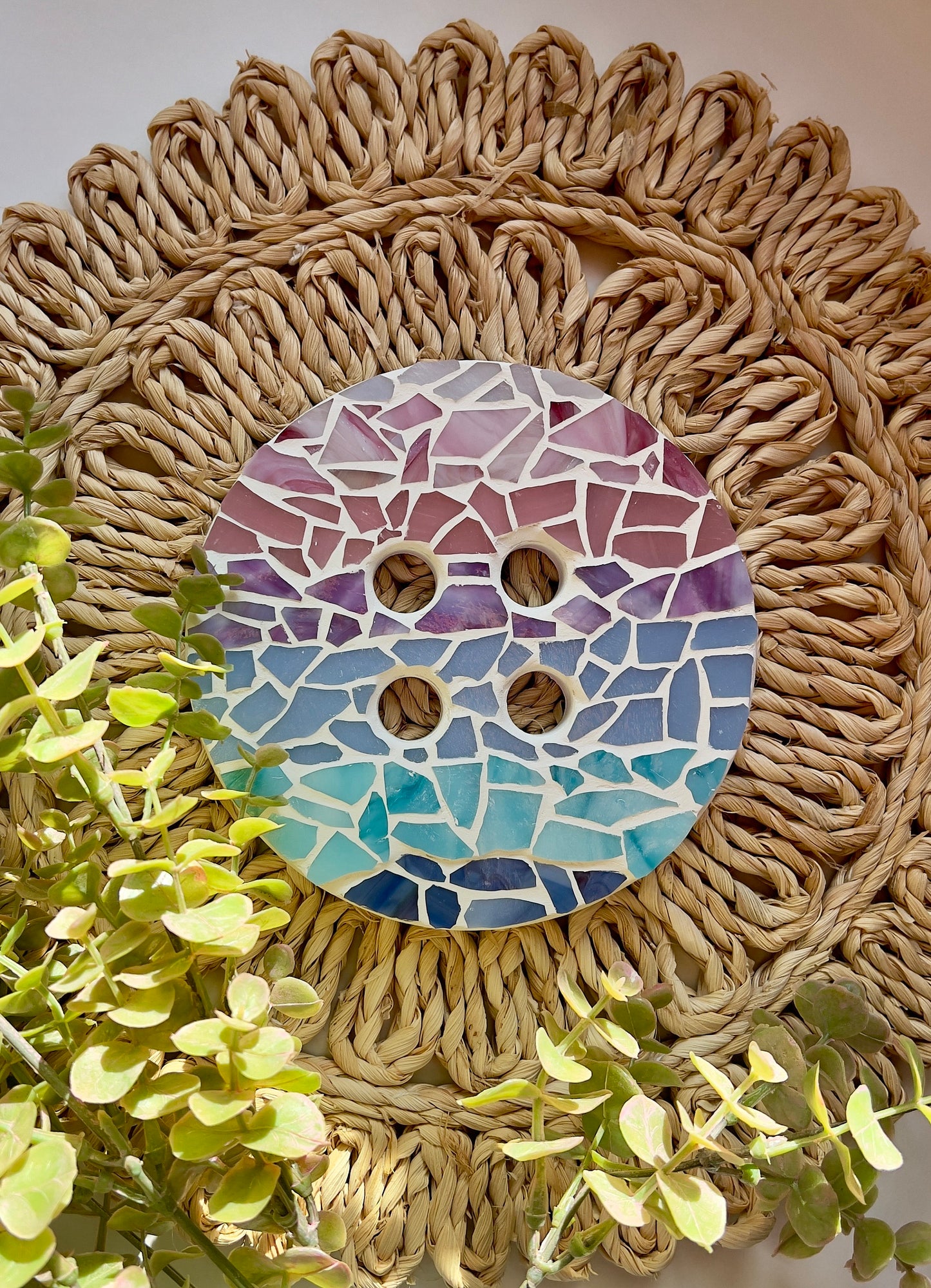 Stained glass mosaic button wall hanging in ombre pastel colors and white grout