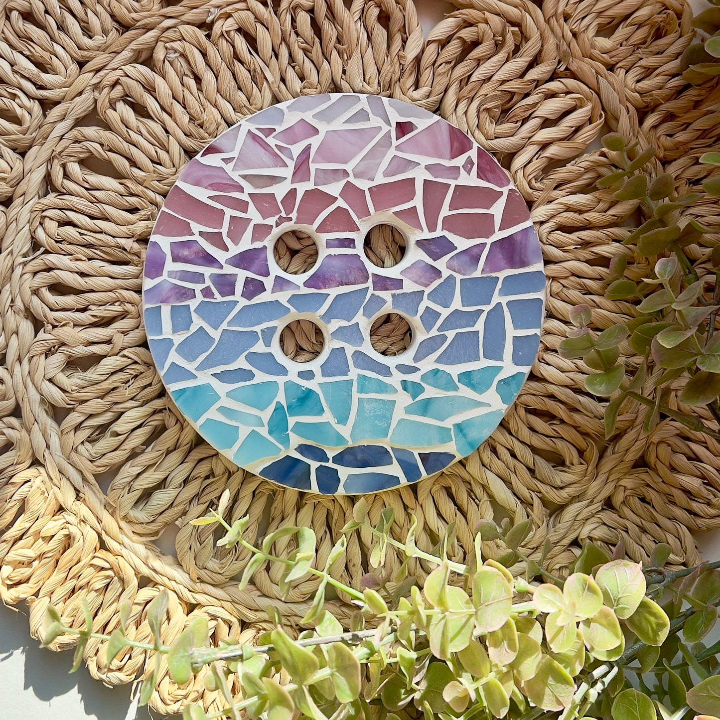 Stained glass mosaic button wall hanging in ombre pastel colors and white grout