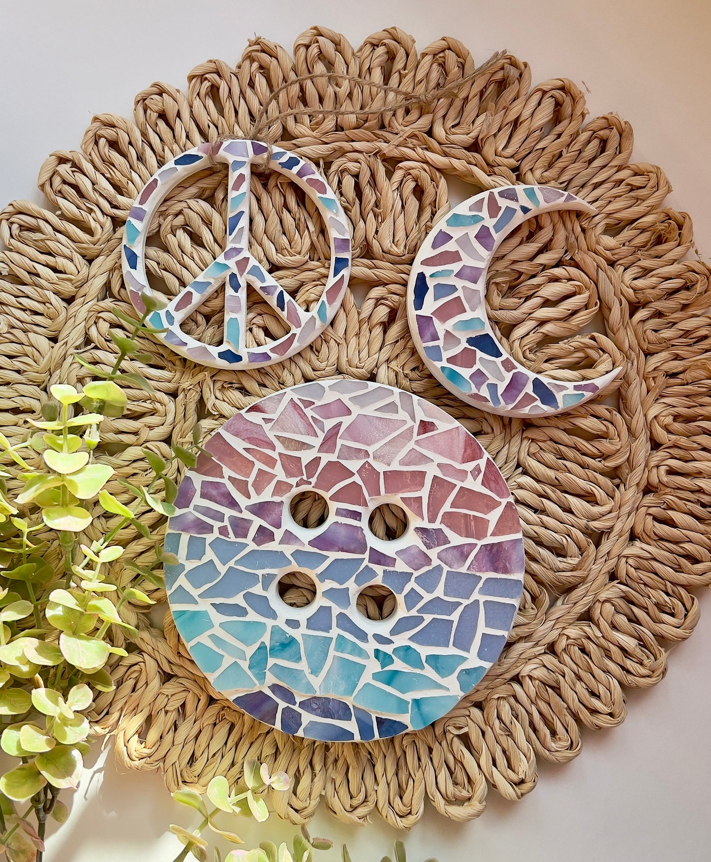 Stained glass mosaic button wall hanging in ombre pastel colors and white grout
