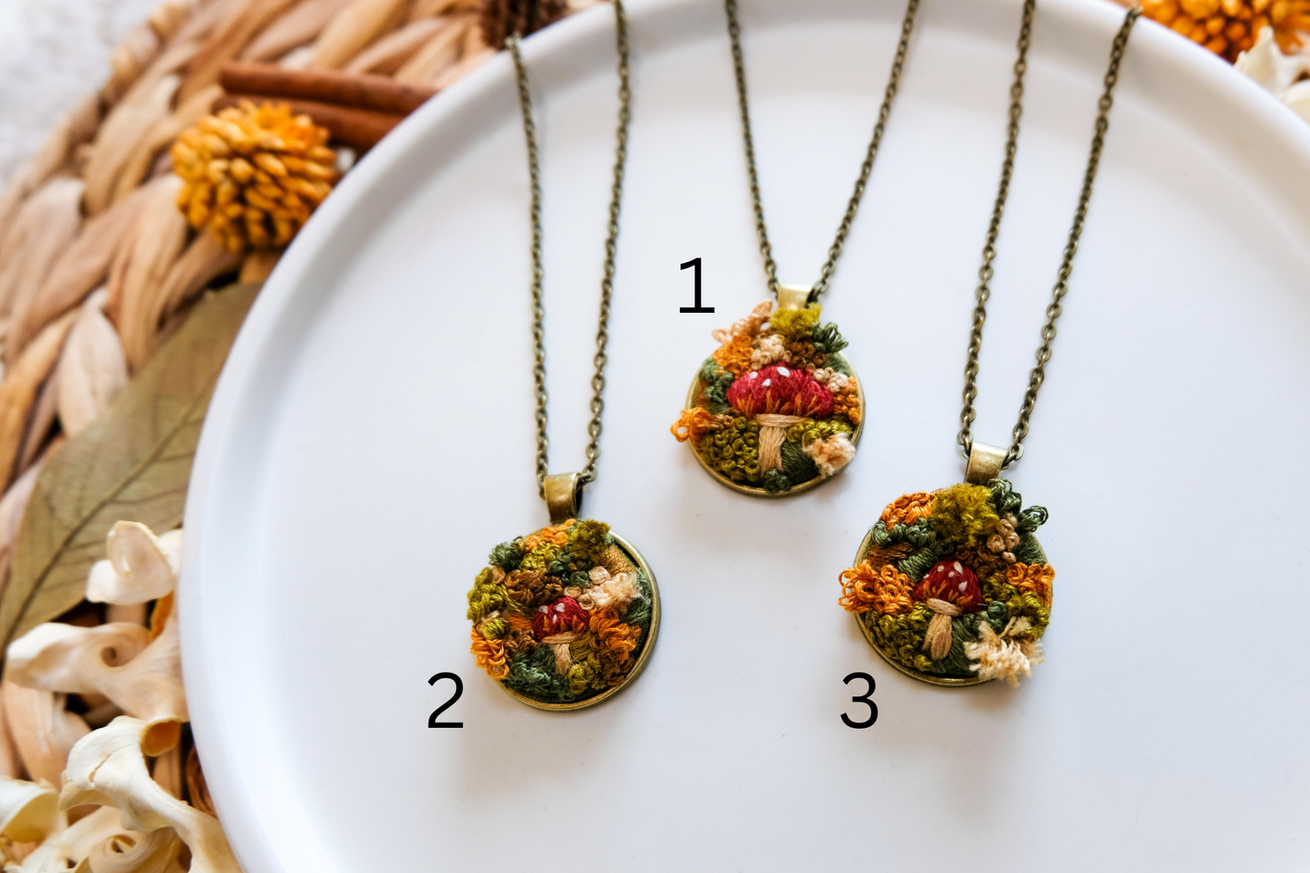 Mossy Mushroom Embroidered Pendant Necklace