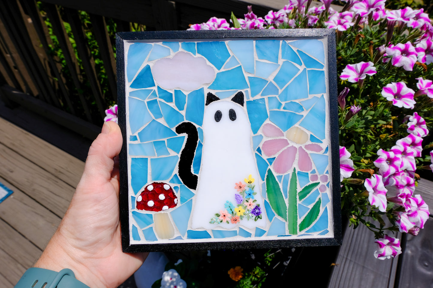 Ghost Cat Mosaic Wall Hanging Art | Stained Glass Framed Home Decor Daisies Mosaic Wall Art