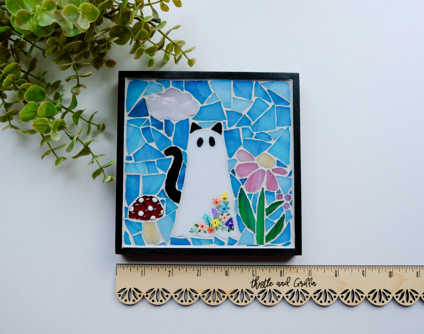 Ghost Cat Mosaic Wall Hanging Art | Stained Glass Framed Home Decor Daisies Mosaic Wall Art