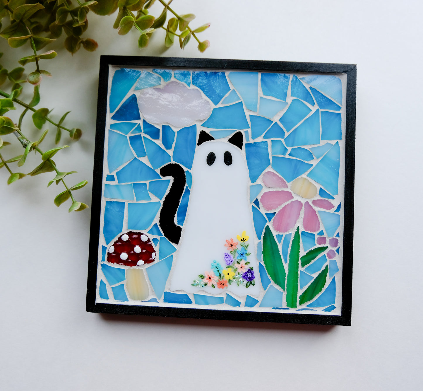 Ghost Cat Mosaic Wall Hanging Art | Stained Glass Framed Home Decor Daisies Mosaic Wall Art