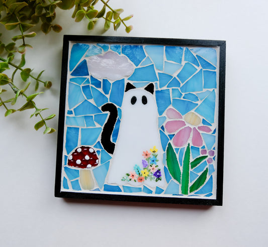 Ghost Cat Mosaic Wall Hanging Art | Stained Glass Framed Home Decor Daisies Mosaic Wall Art