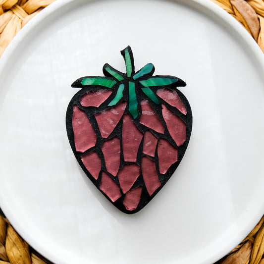 Pink Strawberry Stained Glass Magnet | Mosaic Art Fruit Cottagecore Style