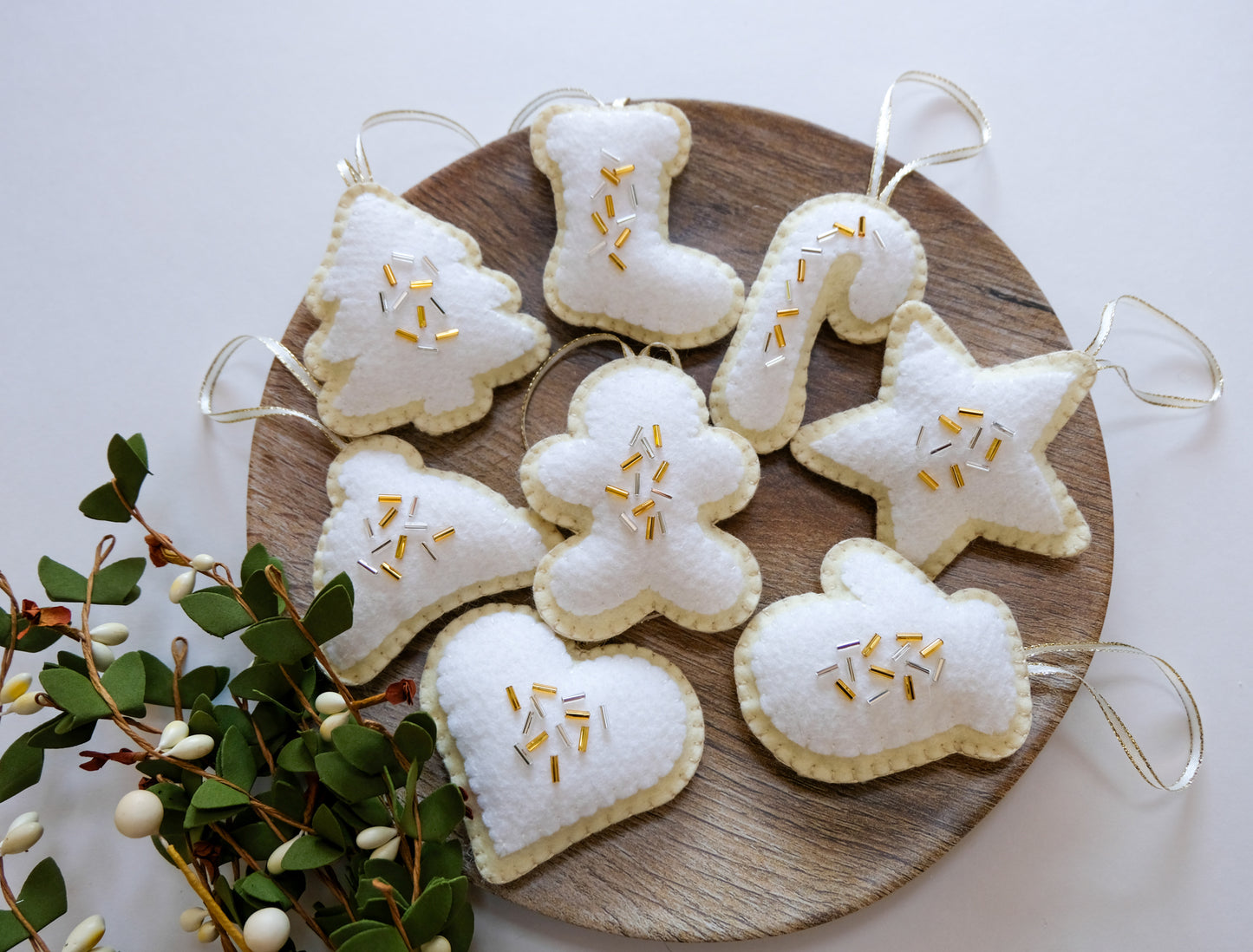 Wool Felt Sugar Cookie Ornaments Silver and Gold