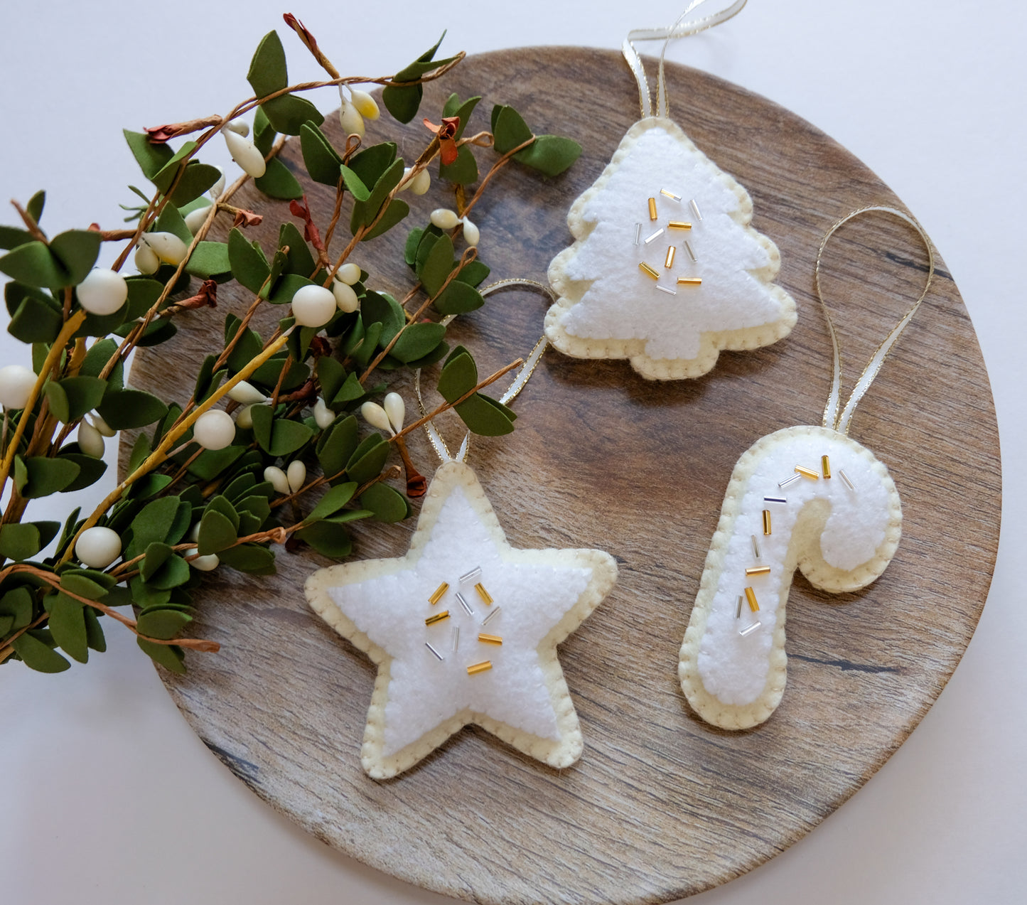 Wool Felt Sugar Cookie Ornaments Silver and Gold