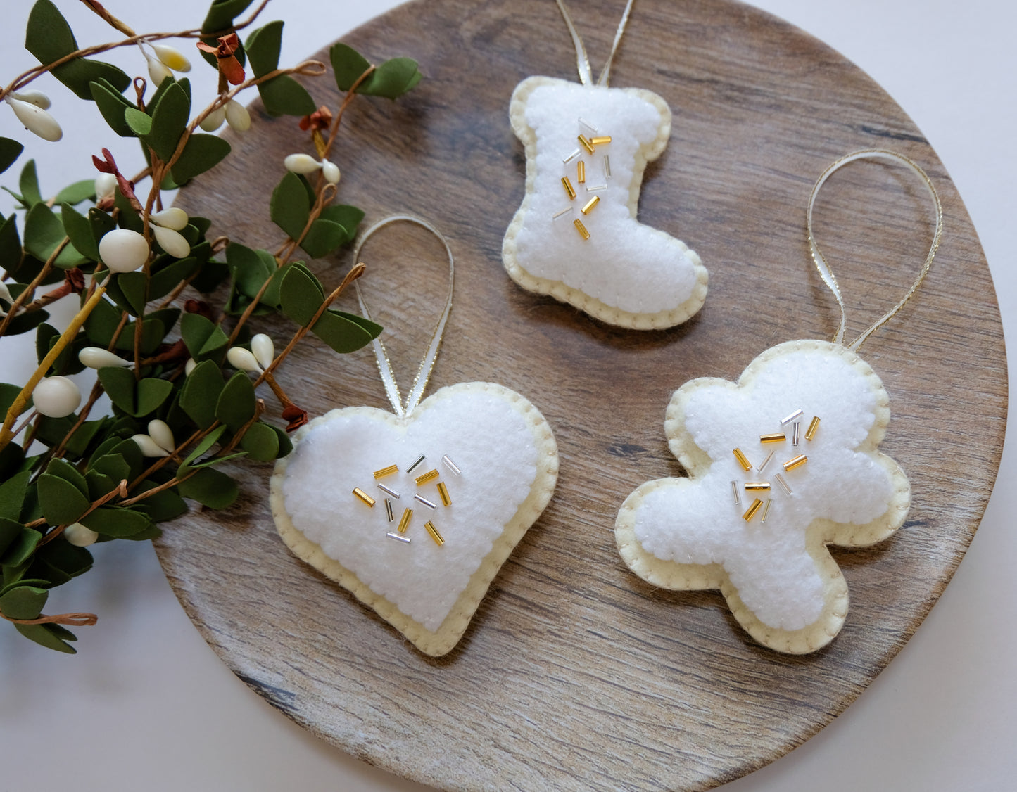 Wool Felt Sugar Cookie Ornaments Silver and Gold