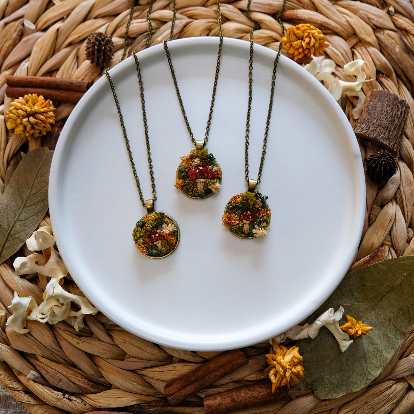 Mossy Mushroom Embroidered Pendant Necklace