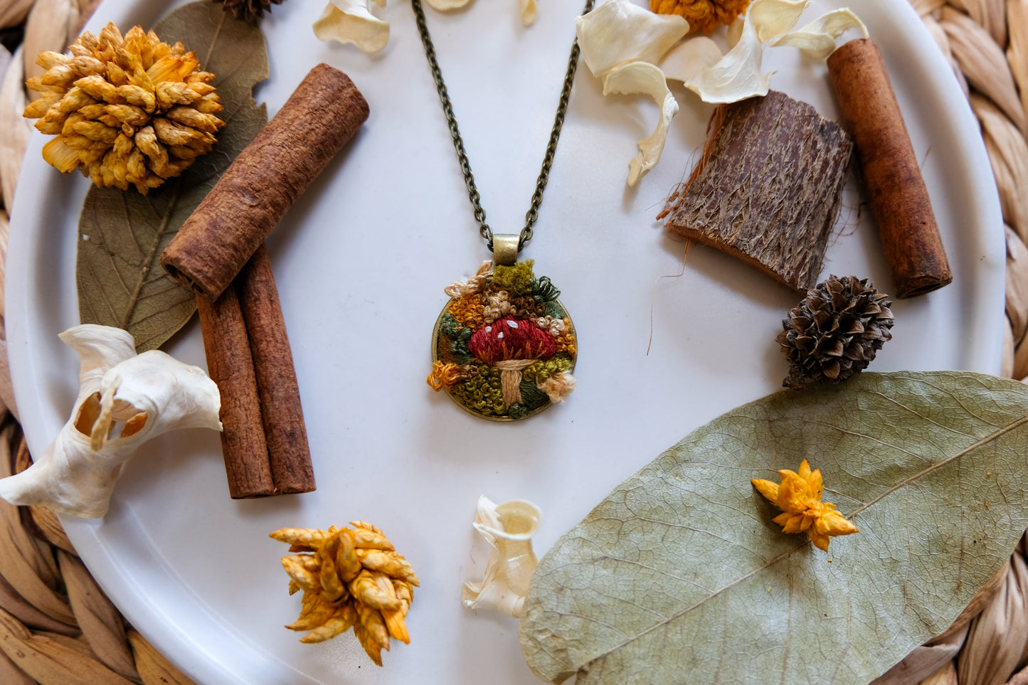 Mossy Mushroom Embroidered Pendant Necklace