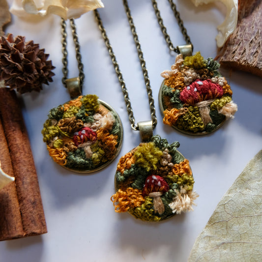 Mossy Mushroom Embroidered Pendant Necklace