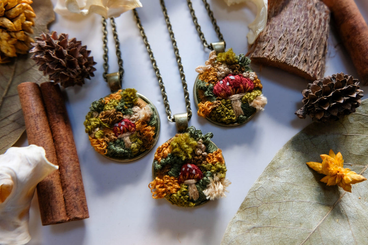 Mossy Mushroom Embroidered Pendant Necklace