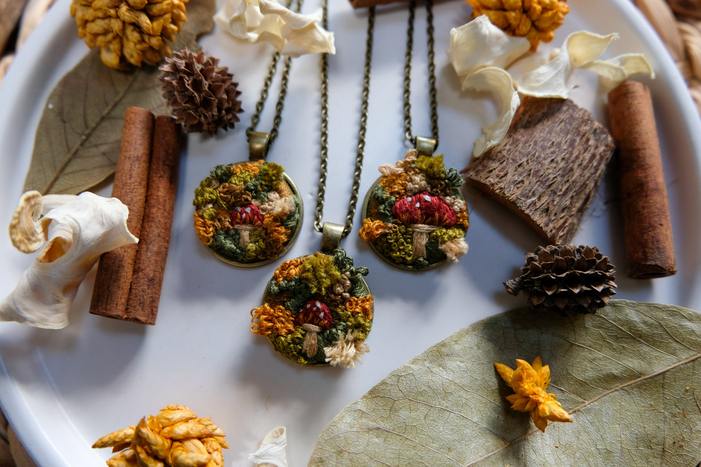 Mossy Mushroom Embroidered Pendant Necklace