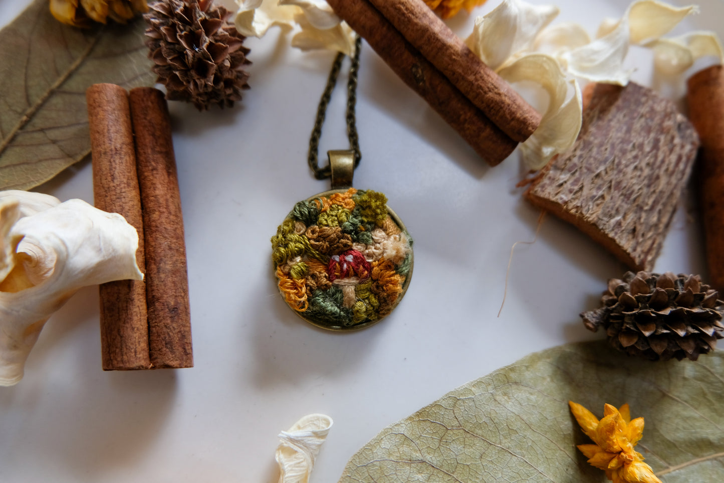 Mossy Mushroom Embroidered Pendant Necklace