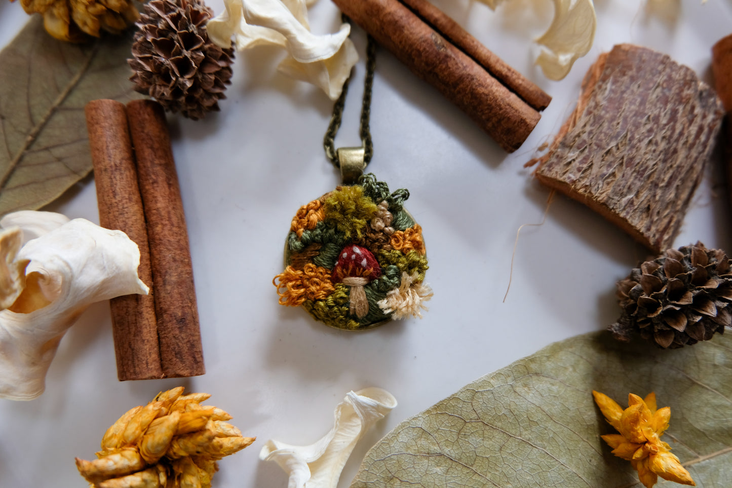 Mossy Mushroom Embroidered Pendant Necklace