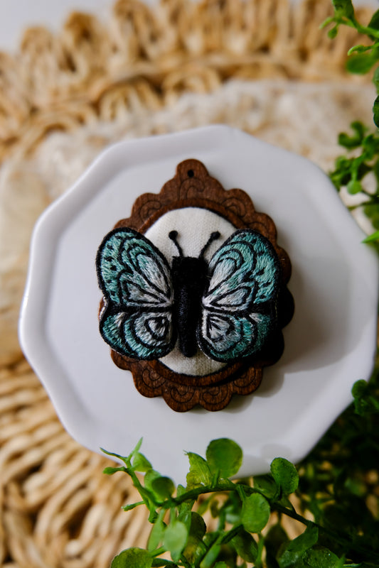 Hand Embroidered 3D Stumpwork Butterfly Pendant Necklace