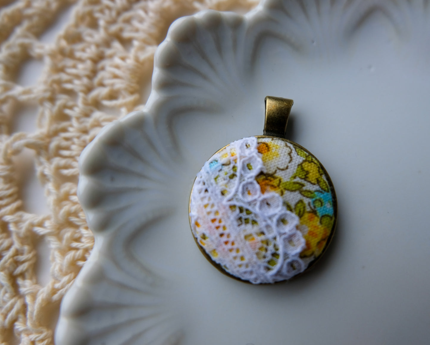 Fabric and Lace Pendant Necklace in Bronze