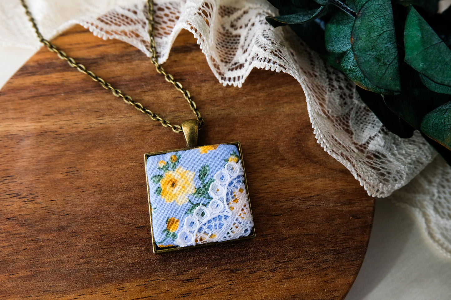 Fabric and Lace Pendant Necklace in Bronze