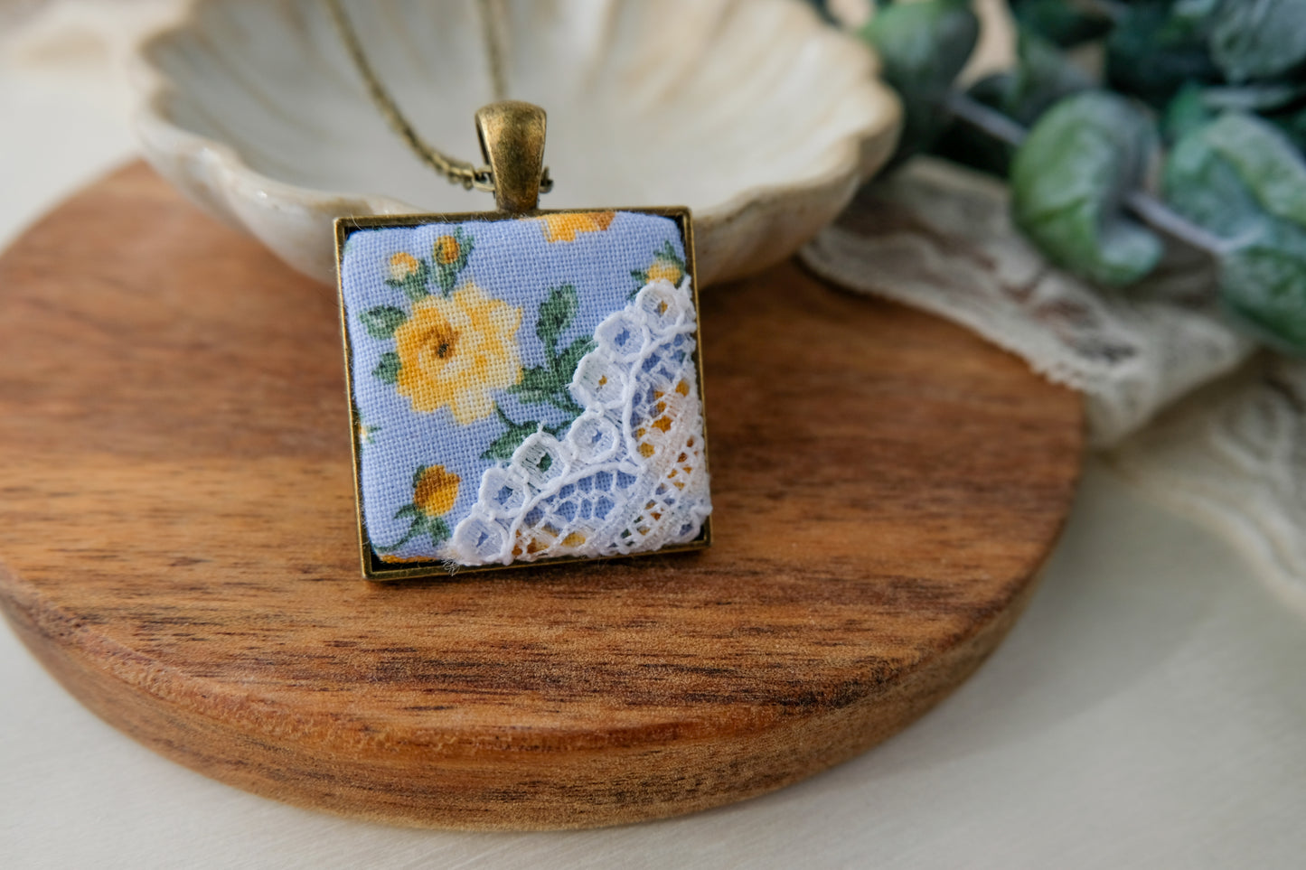 Fabric and Lace Pendant Necklace in Bronze