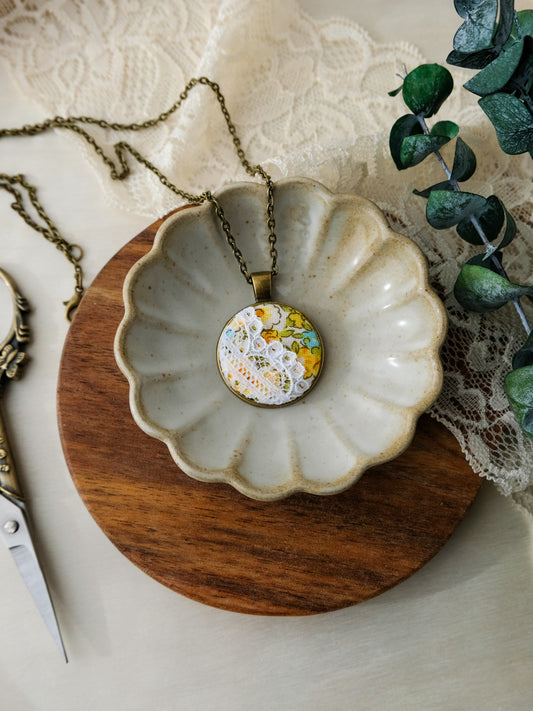 Fabric and Lace Pendant Necklace in Bronze