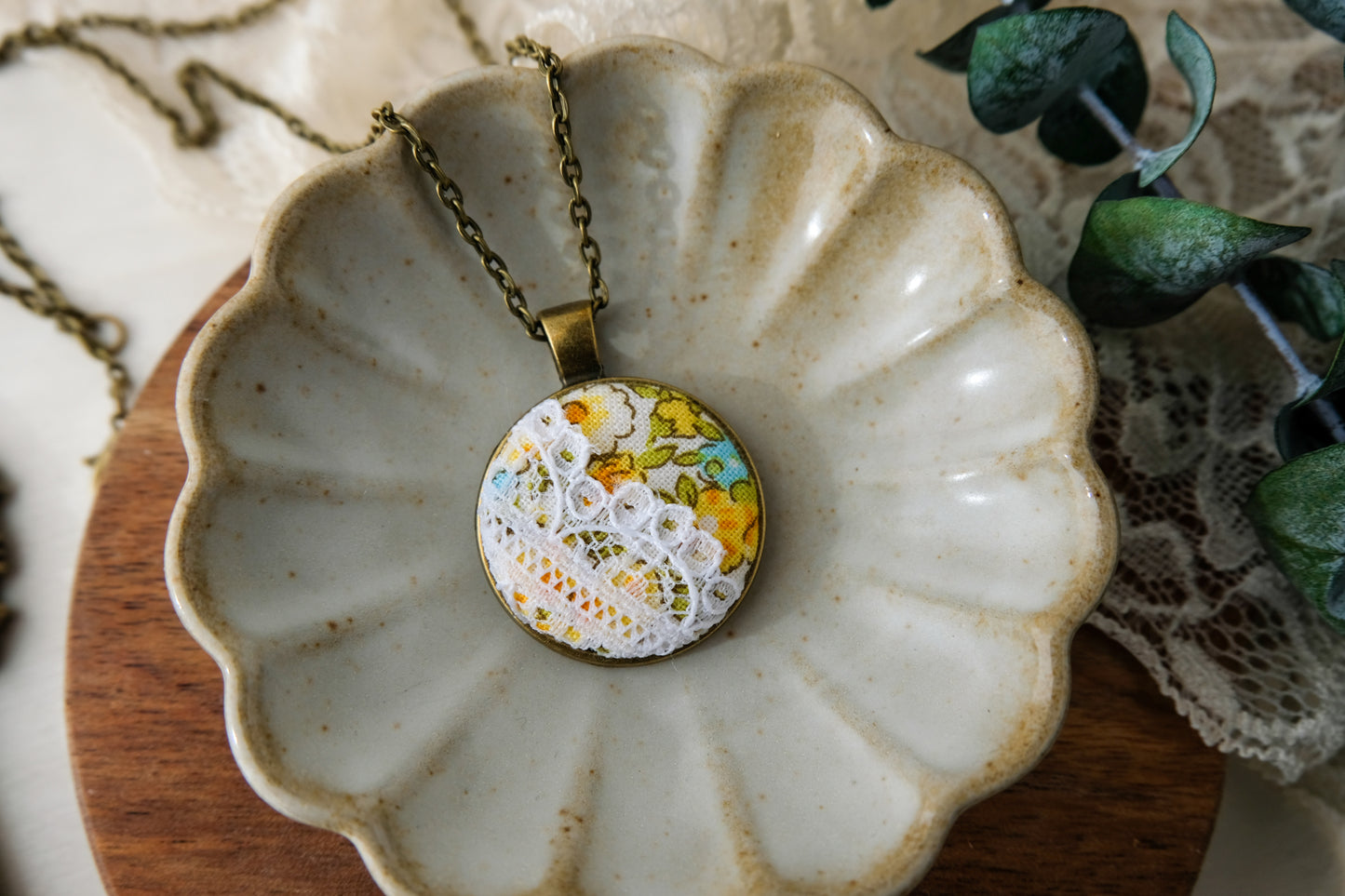 Fabric and Lace Pendant Necklace in Bronze