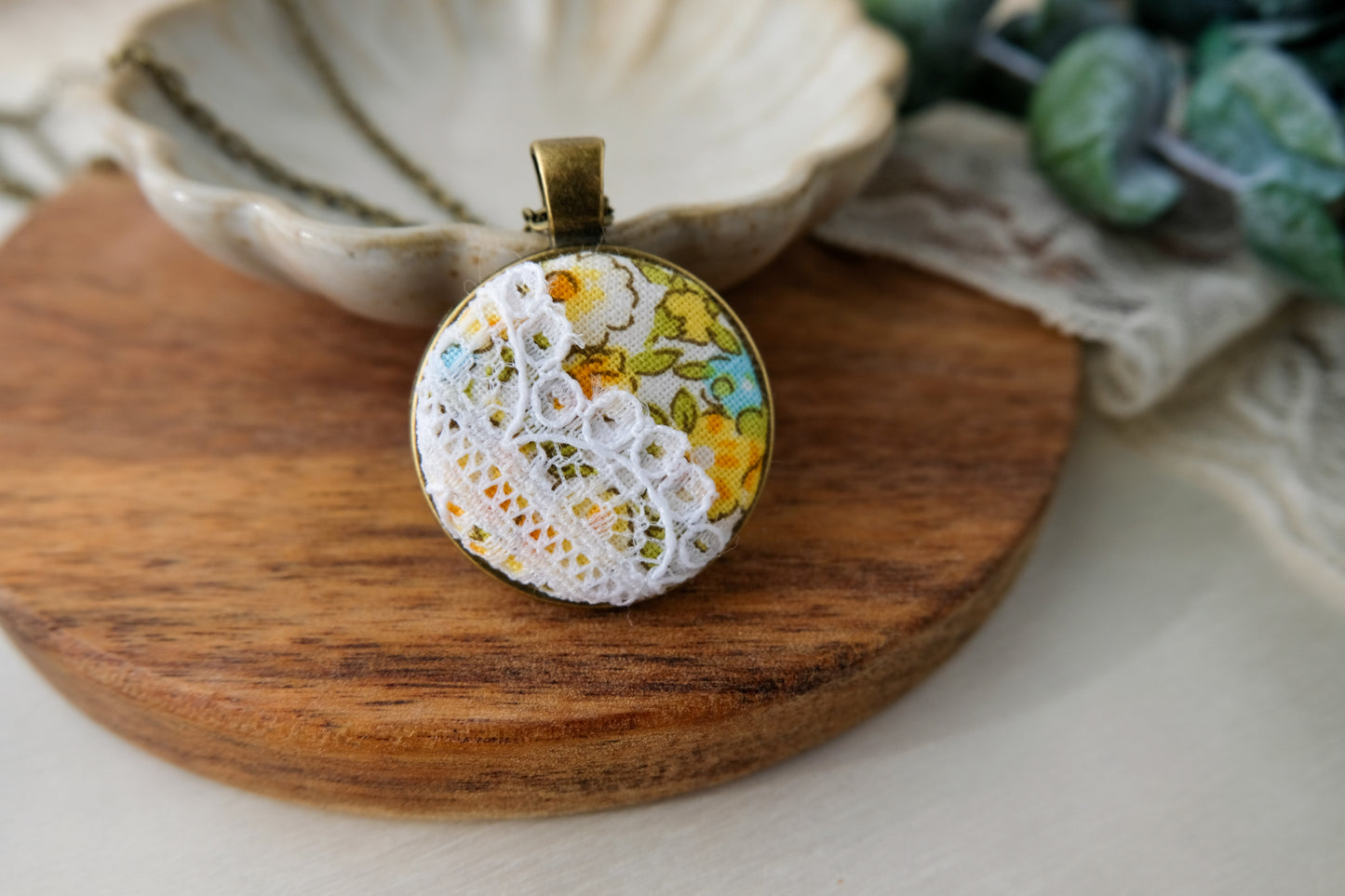 Fabric and Lace Pendant Necklace in Bronze