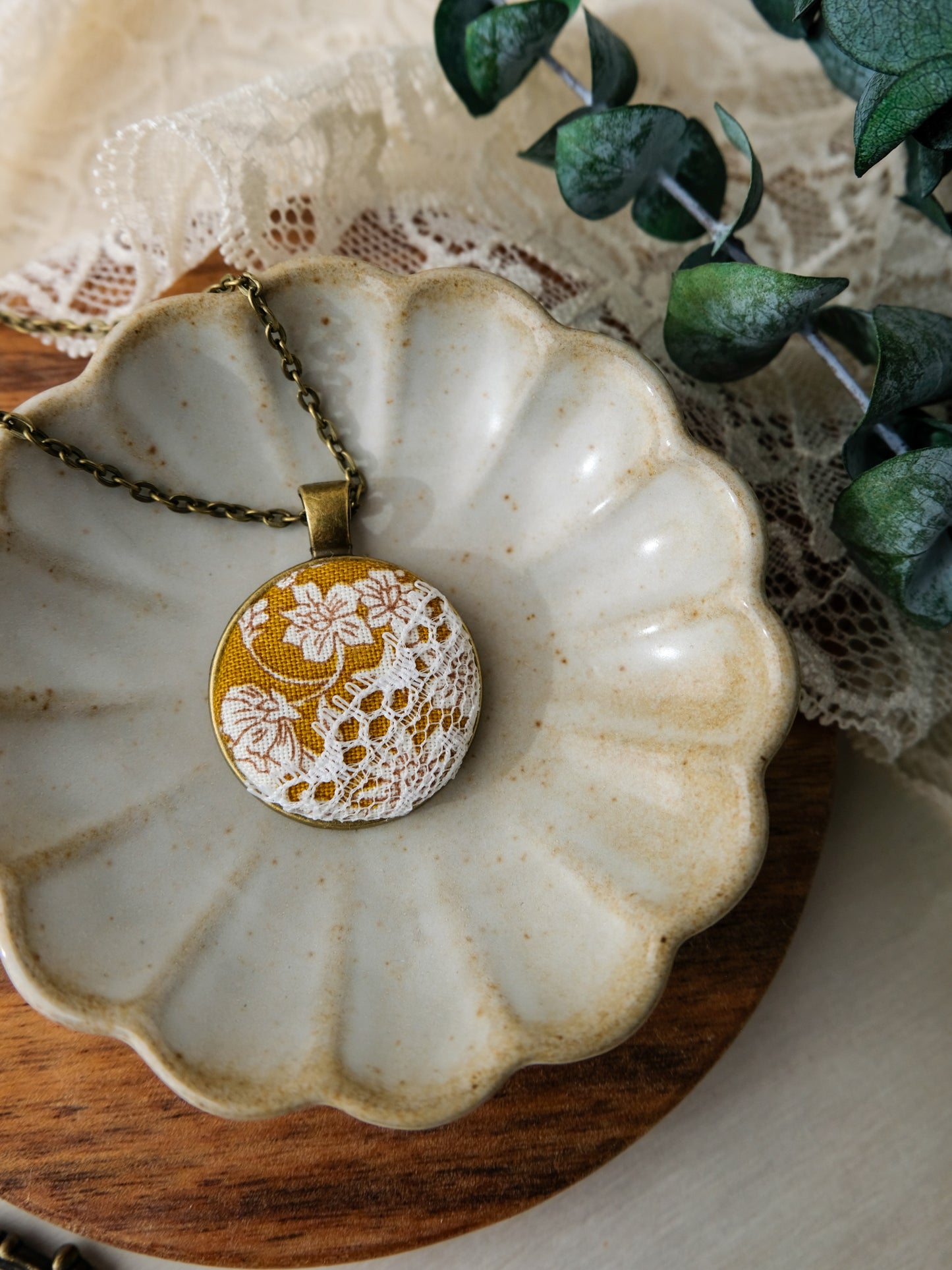 Fabric and Lace Pendant Necklace in Bronze