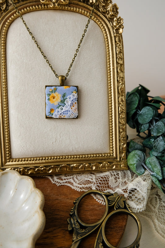 Fabric and Lace Pendant Necklace in Bronze