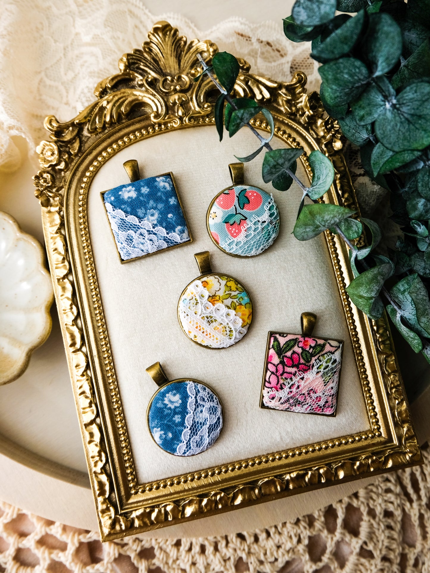 Fabric and Lace Pendant Necklace in Bronze