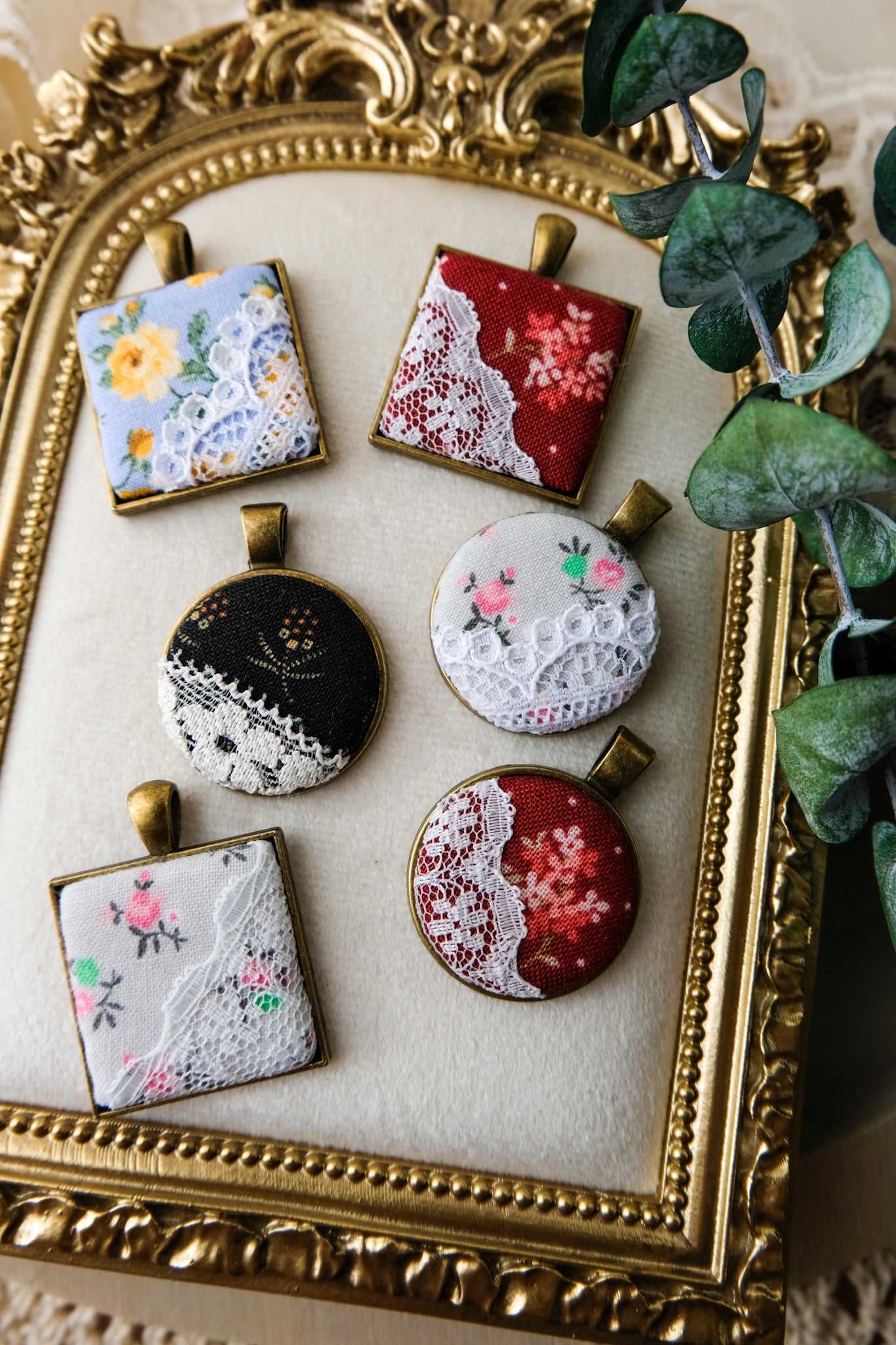 Fabric and Lace Pendant Necklace in Bronze