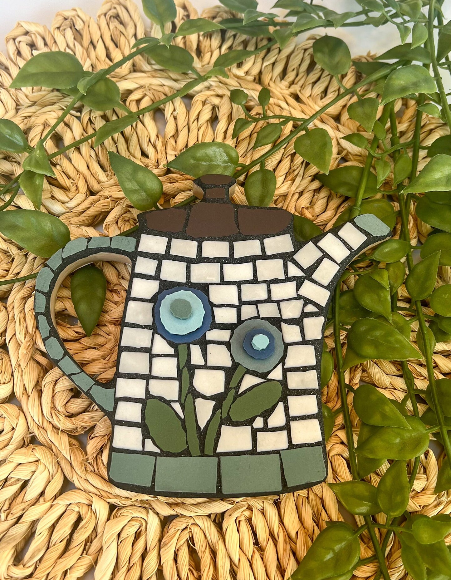 Retro style coffee pot with folk art flowers mosaic art