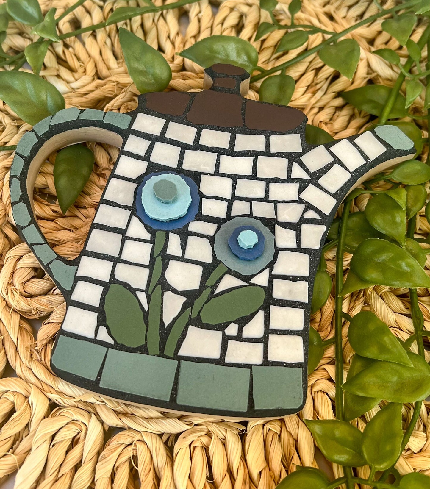 Retro style coffee pot with folk art flowers mosaic art