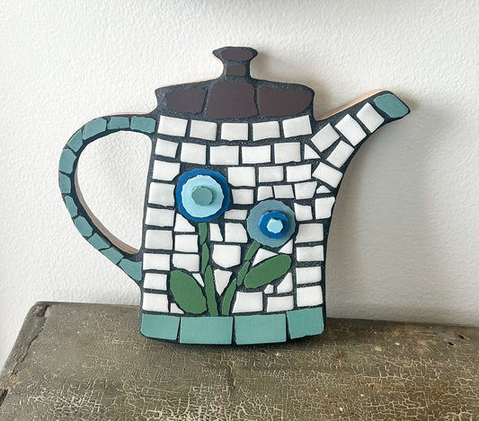 Retro style coffee pot with folk art flowers mosaic art