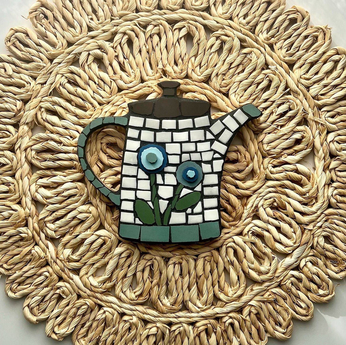 Retro style coffee pot with folk art flowers mosaic art