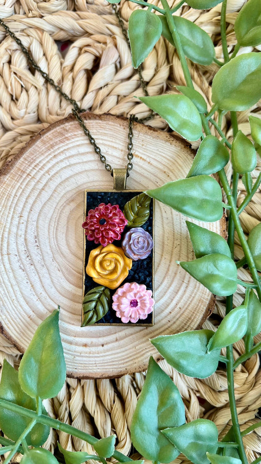 Handmade Polymer Clay Floral Pendant Necklace Rectangular in Bronze