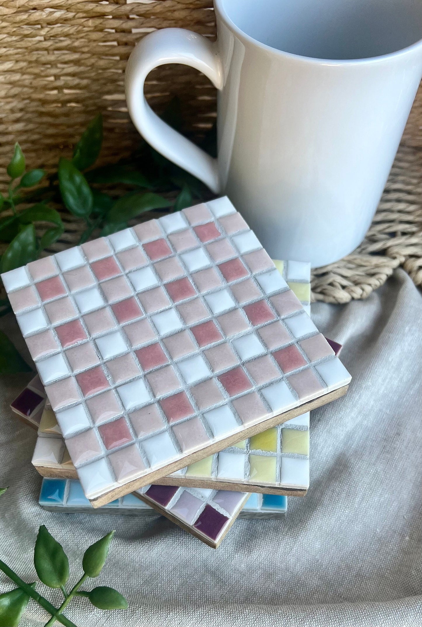 Gingham Mosaic Tile Coasters in pastel colors