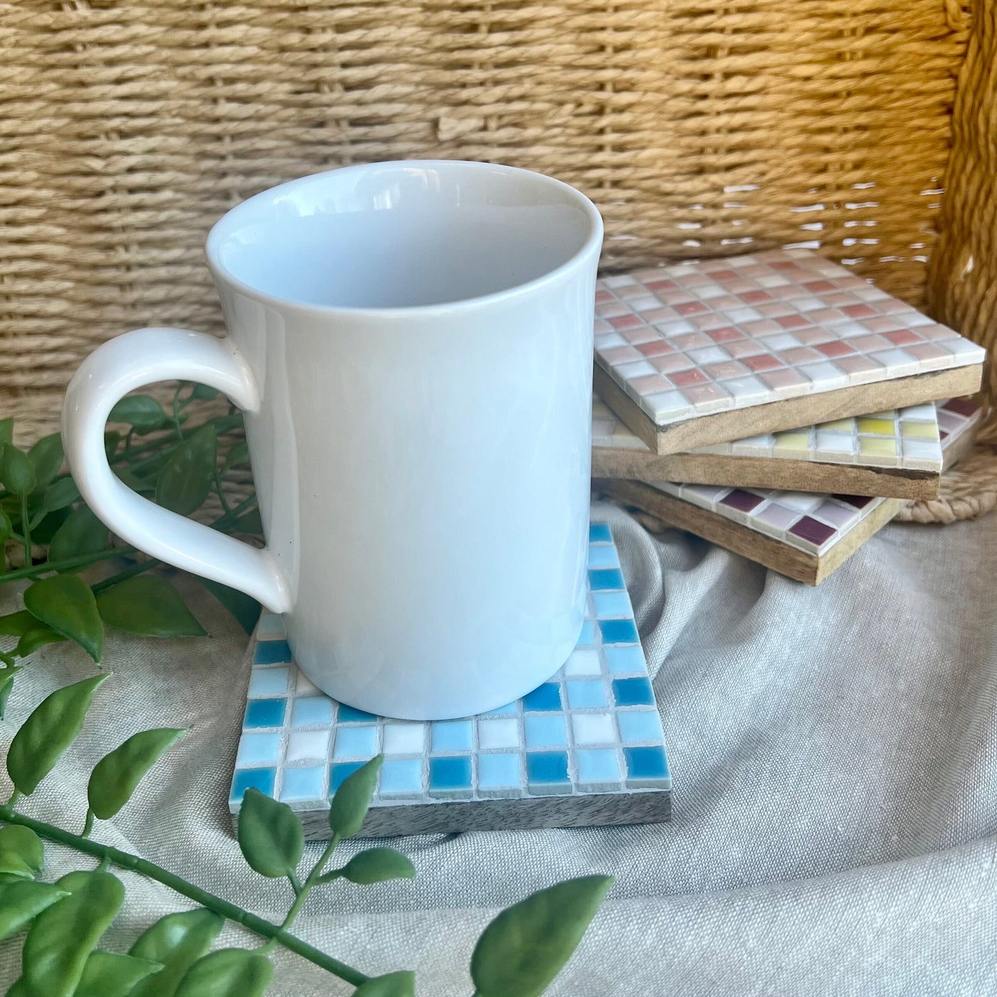 Gingham Mosaic Tile Coasters in pastel colors