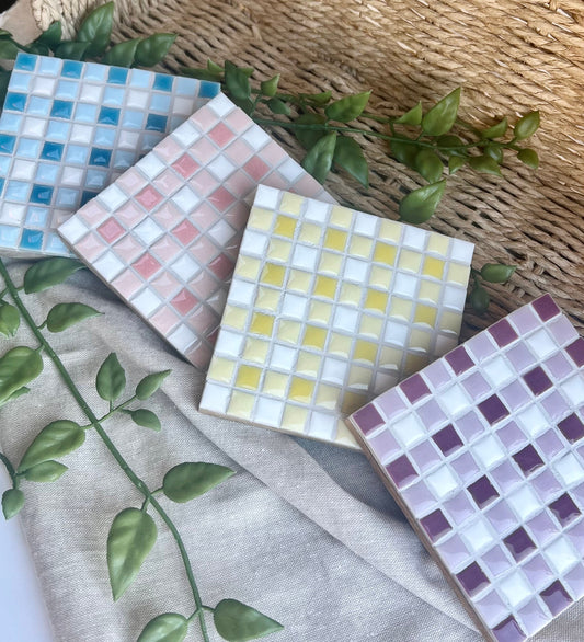 Gingham Mosaic Tile Coasters in pastel colors