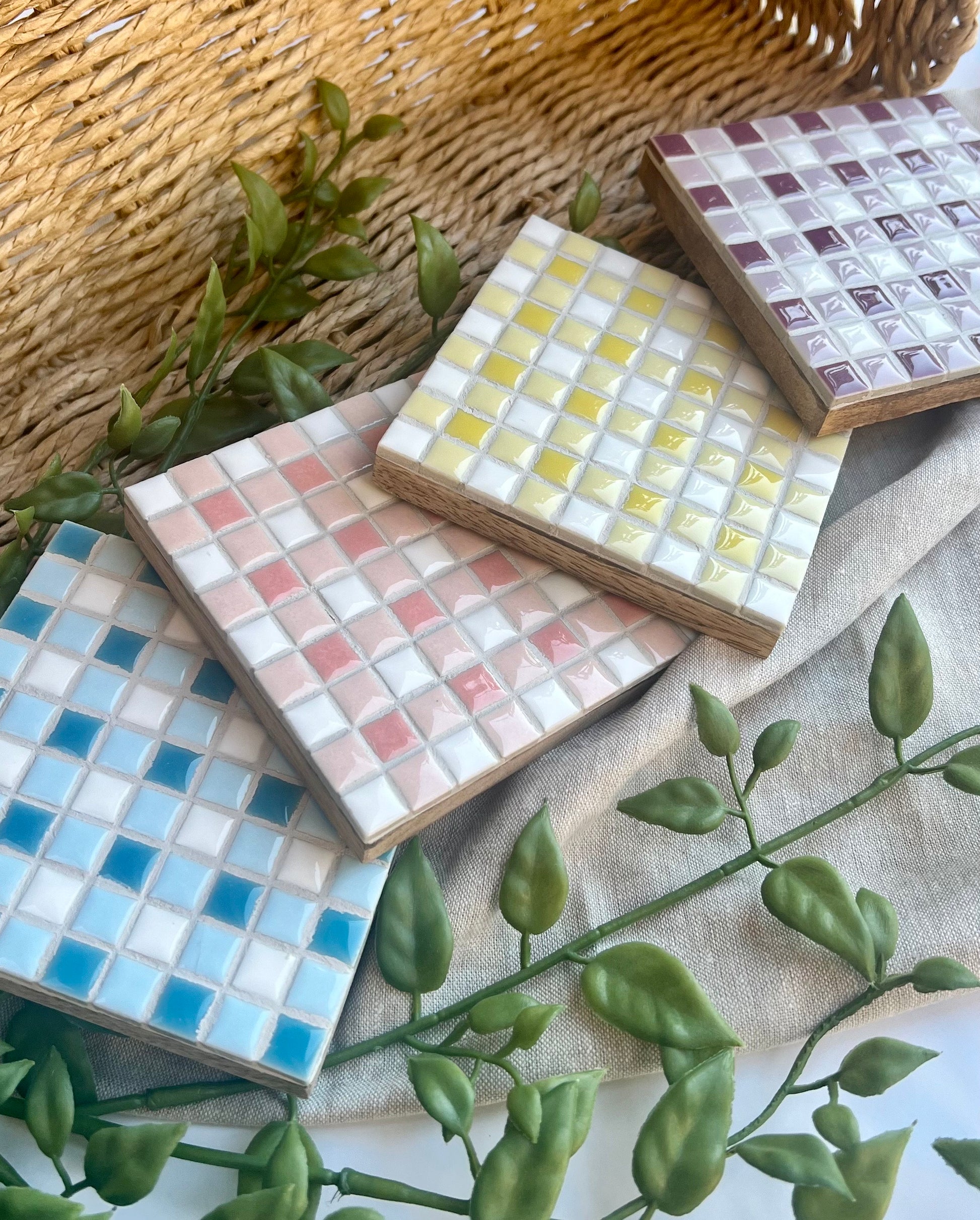 Gingham Mosaic Tile Coasters in pastel colors