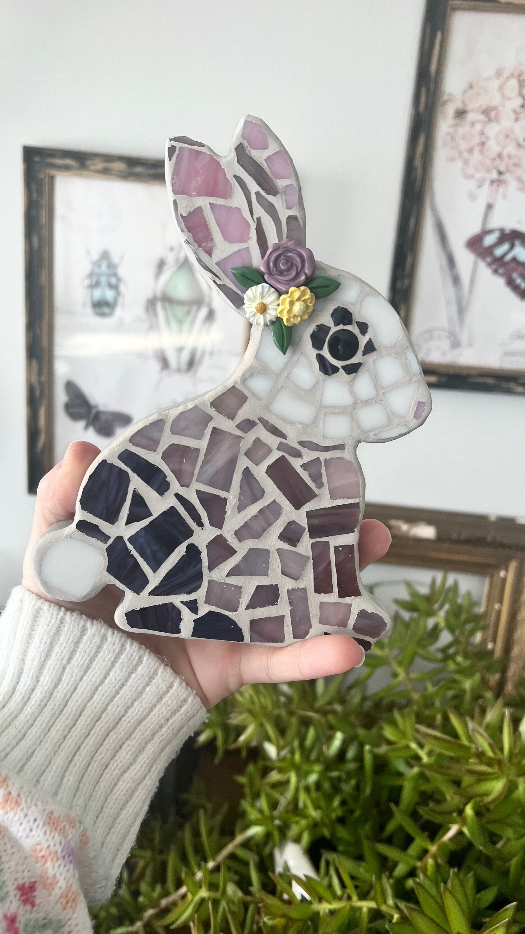 Rabbit mosaic art with a flower crown