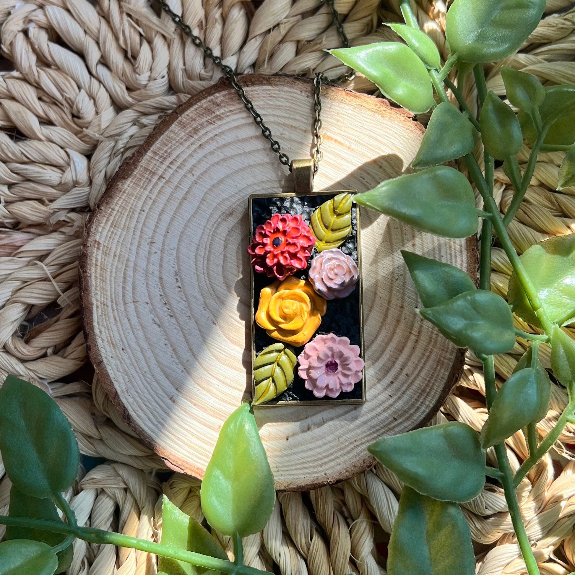 Handmade Polymer Clay Floral Pendant Necklace Rectangular in Bronze