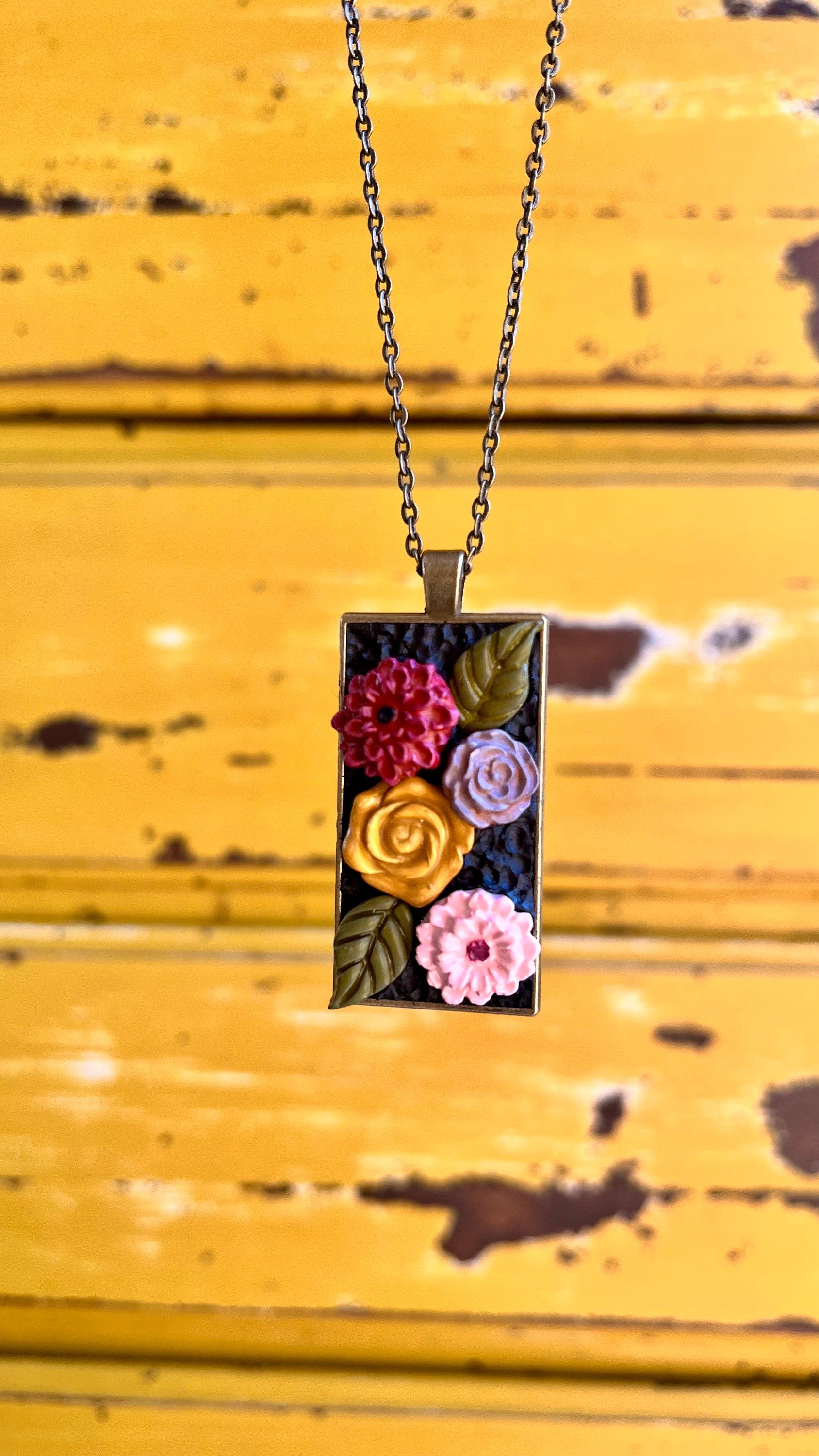 Handmade Polymer Clay Floral Pendant Necklace Rectangular in Bronze