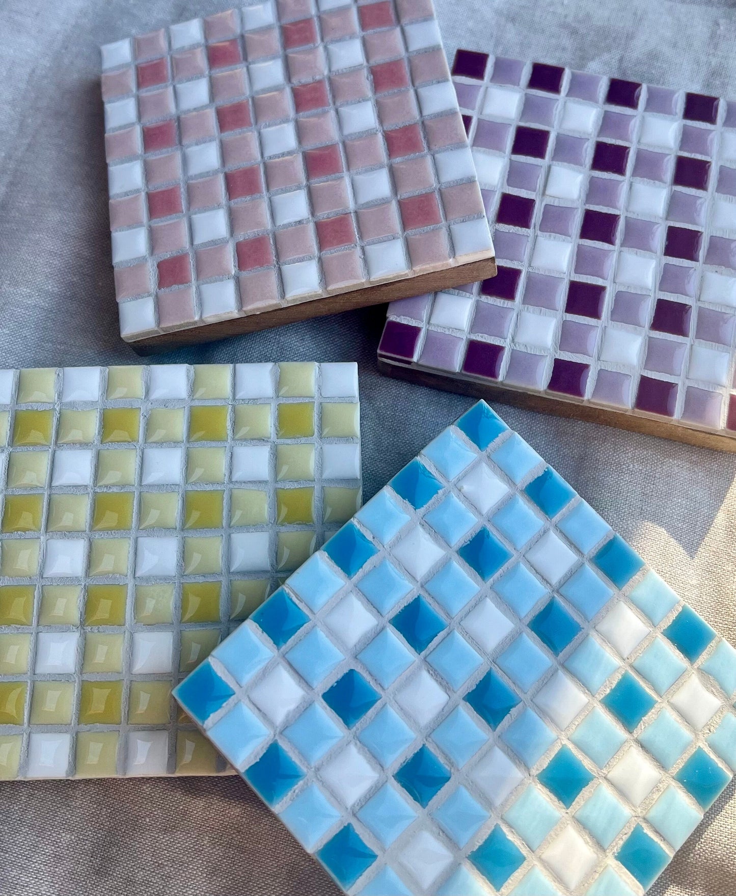 Gingham Mosaic Tile Coasters in pastel colors