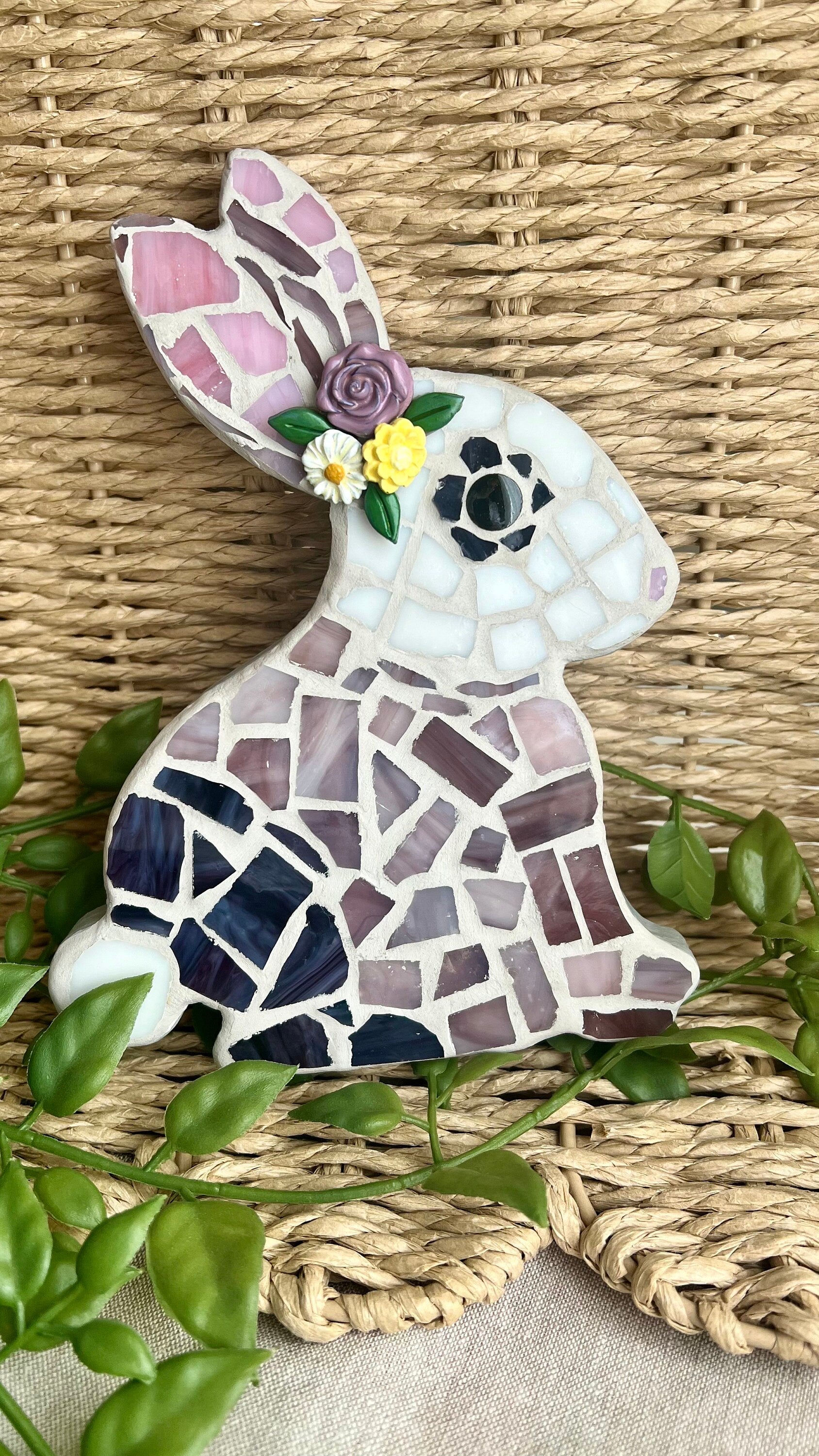 Rabbit mosaic art with a flower crown