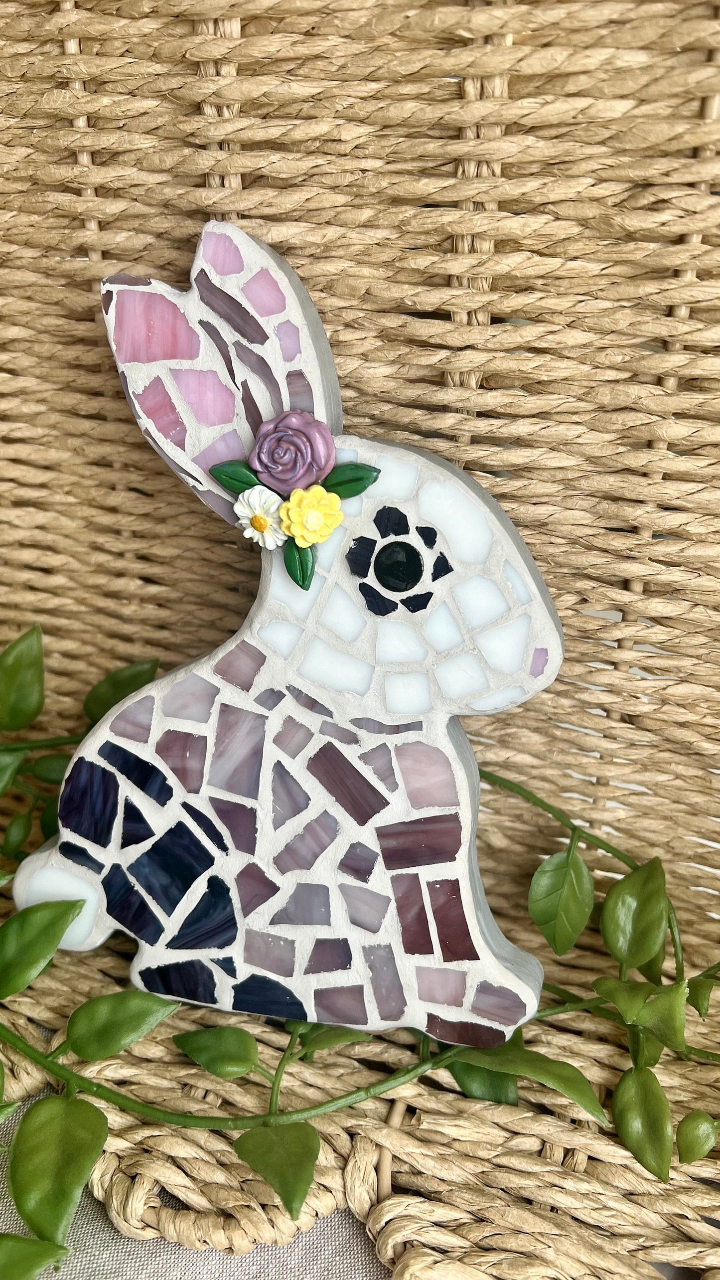 Rabbit mosaic art with a flower crown